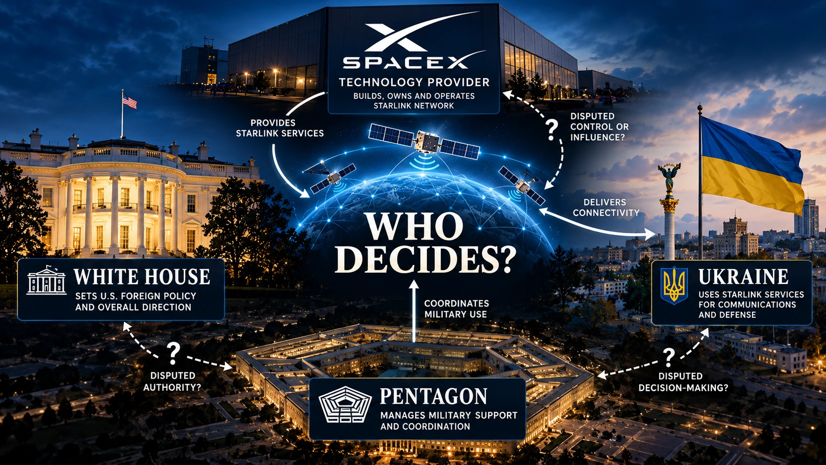 Diagram showing SpaceX, the White House, the Pentagon, and Ukraine in a disputed chain of authority over Starshield satellite service