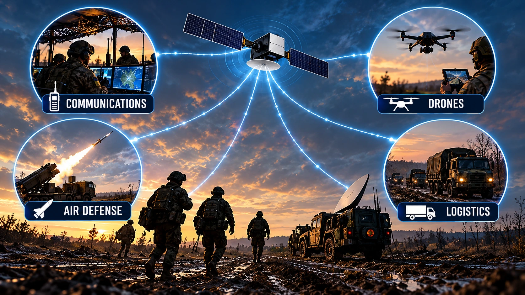 Infographic showing how satellite communications support Ukrainian military coordination, drone operations, air defense, and frontline logistics