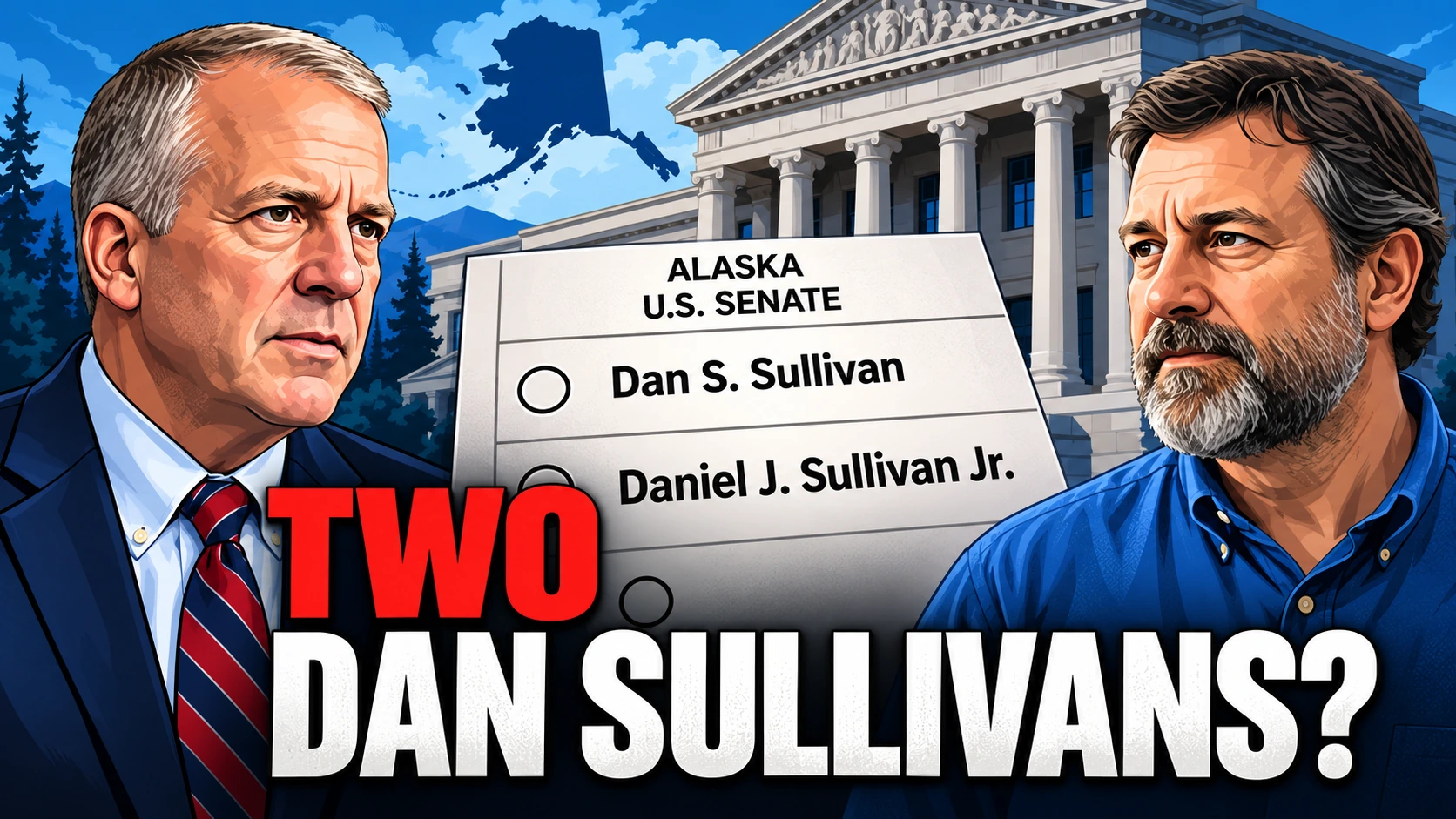 Editorial illustration showing two Alaska Senate candidates named Dan Sullivan beside an election ballot and a federal courthouse