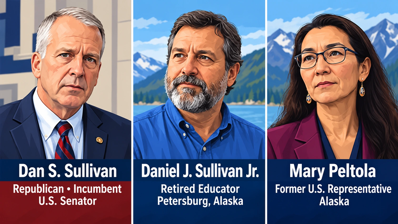 Comparison graphic identifying Senator Dan S. Sullivan, challenger Daniel J. Sullivan Jr., and Democratic candidate Mary Peltola