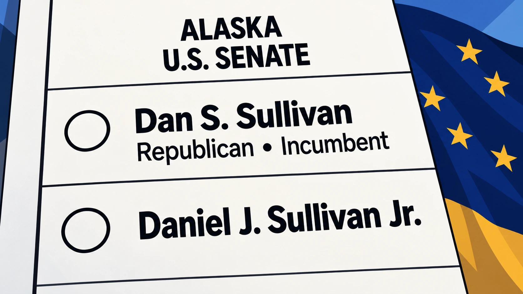 Close-up comparison of Alaska ballot labels distinguishing Senator Dan S. Sullivan from Daniel J. Sullivan Jr.