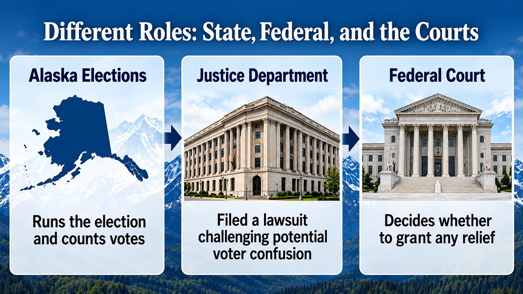 Diagram comparing Alaska state election administration with the federal Justice Department's claimed legal authority