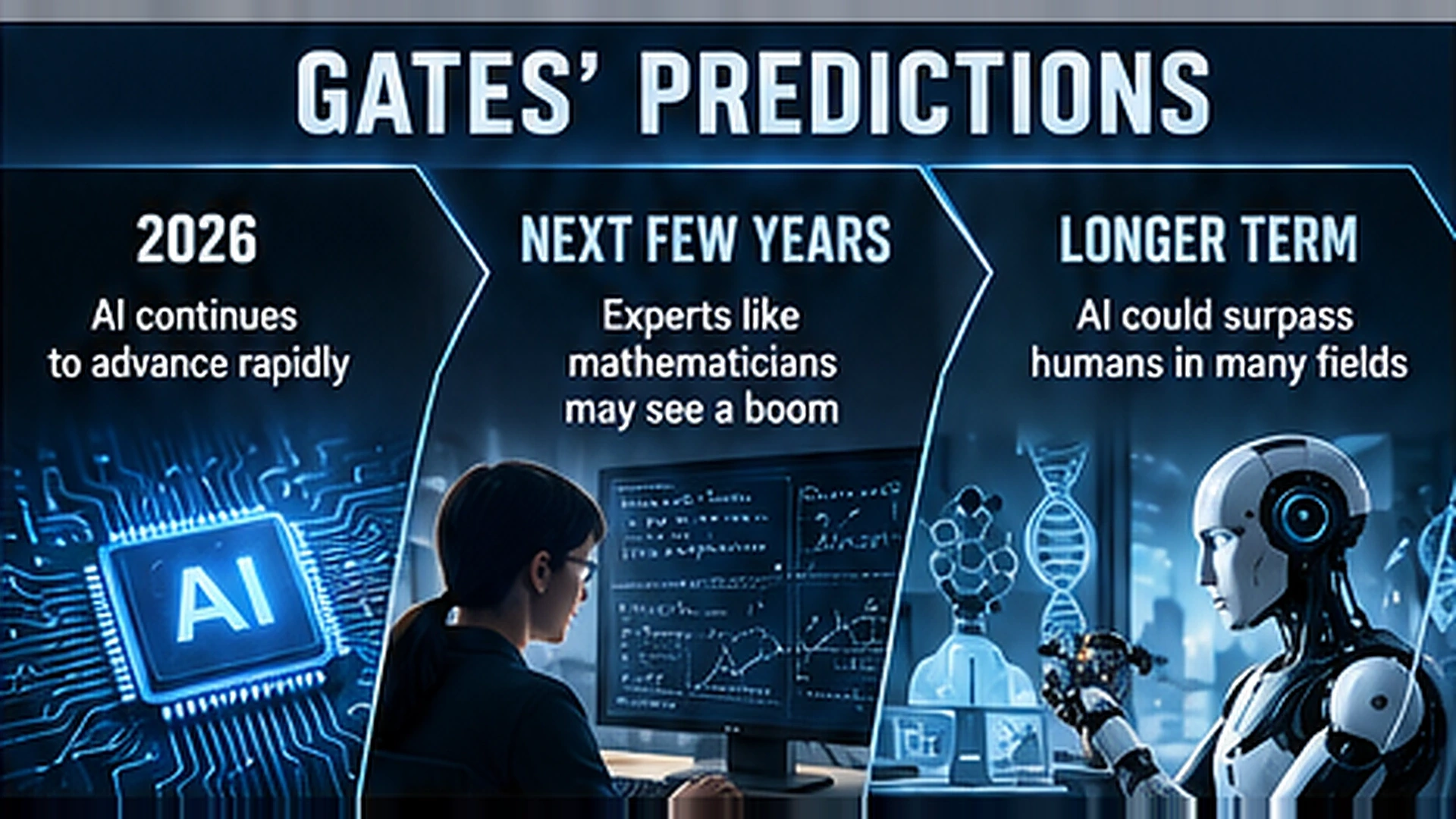 Conceptual timeline showing Bill Gates's AI predictions from emerging workplace disruption to possible human-level and beyond-human capabilities over two decades