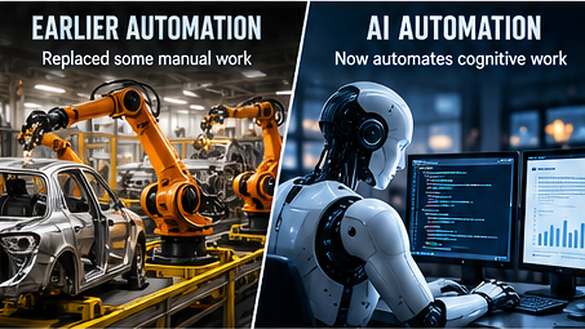 Side-by-side infographic contrasting earlier machines that automated physical tasks with AI systems that can perform intellectual work