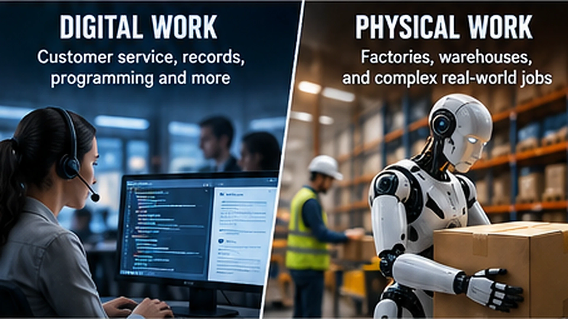 Infographic showing potential AI automation in office occupations alongside emerging humanoid robots performing physical work