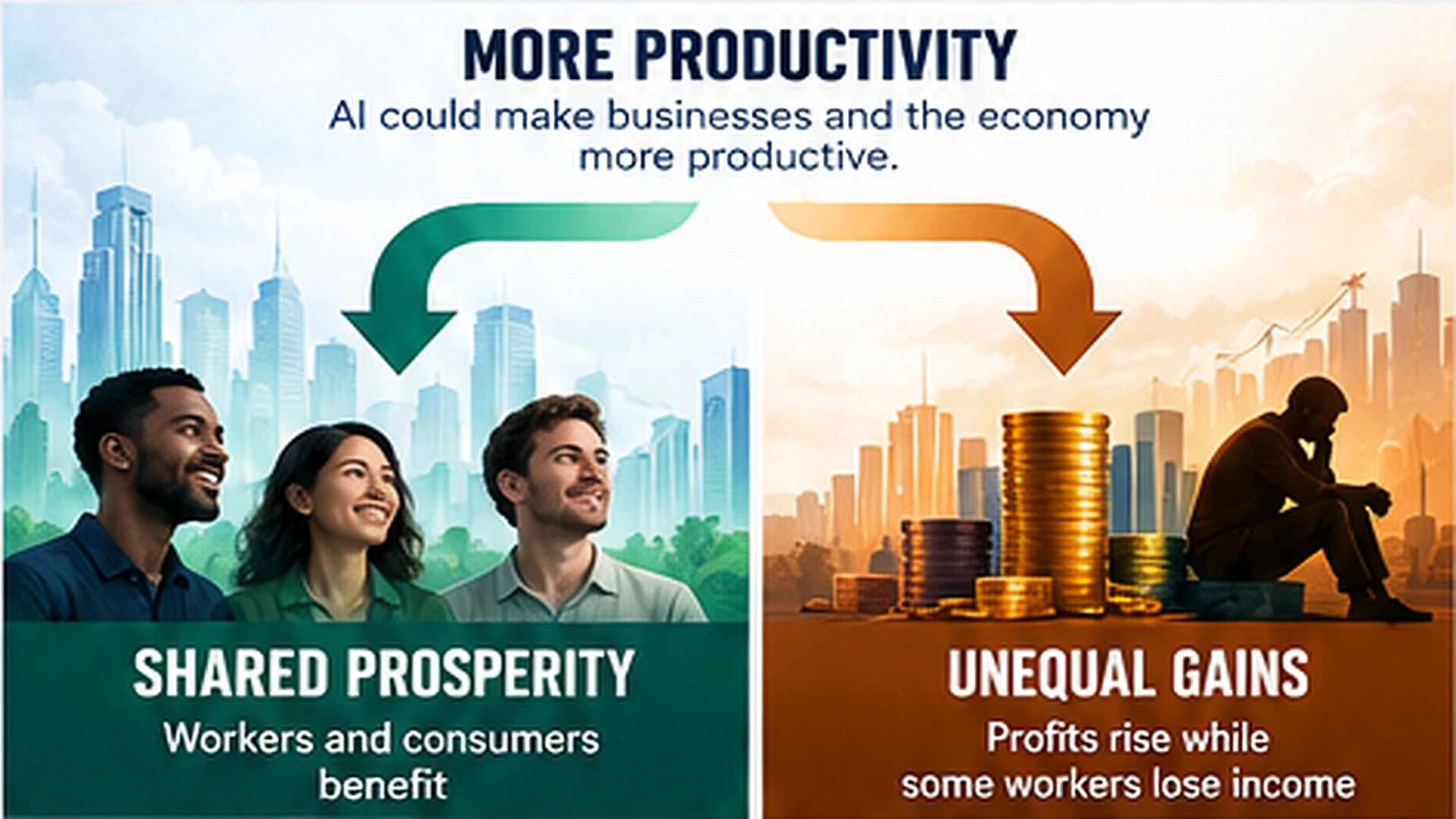 Economic infographic showing how AI-driven productivity could increase overall wealth while creating uncertainty about wages and household income