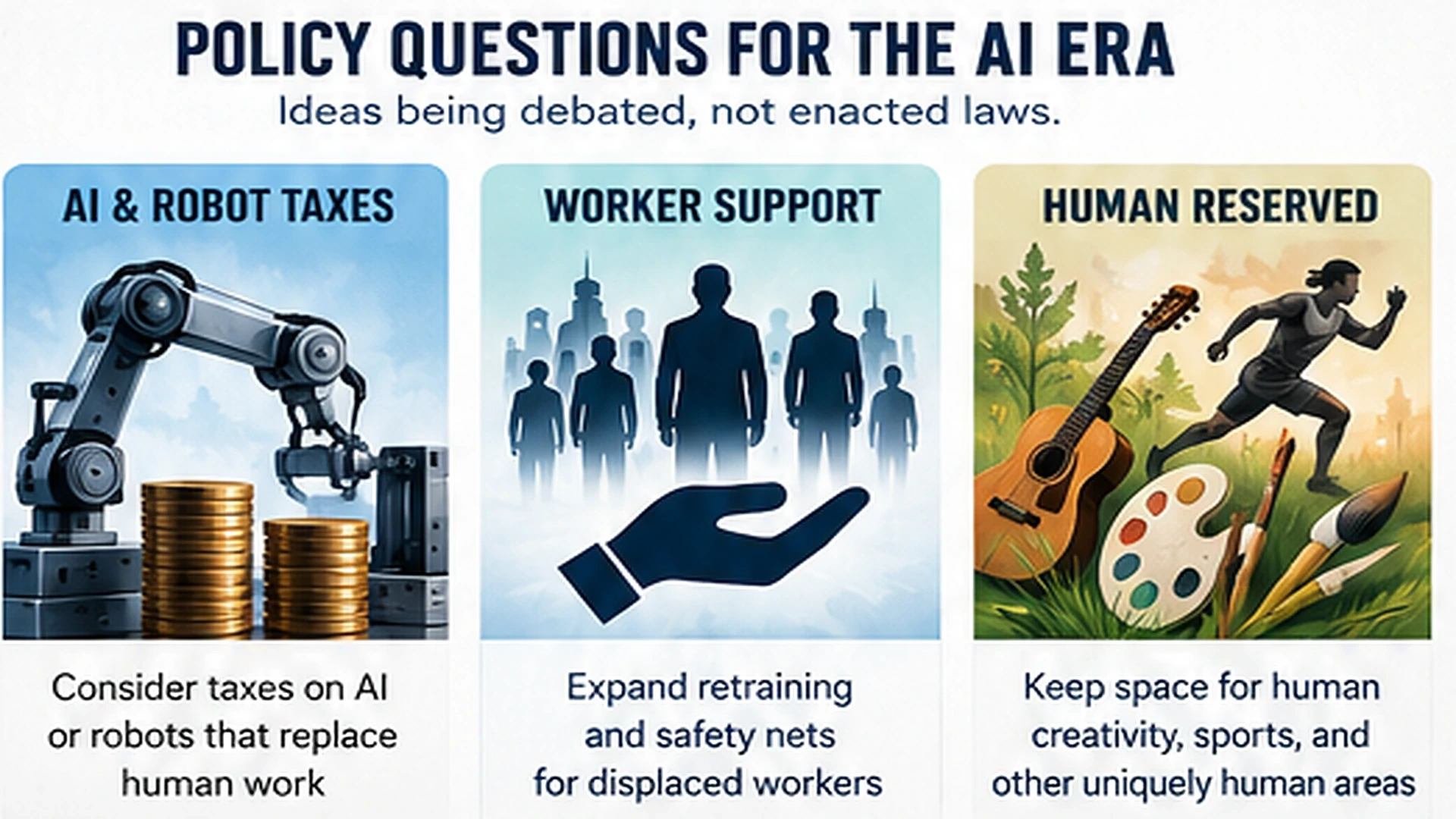 Infographic illustrating Bill Gates's proposals for AI and robot taxes, stronger worker protections, and human-reserved occupations