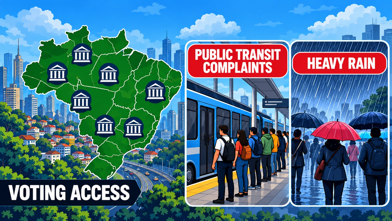 Map of Brazil explaining election-day public transportation complaints and heavy rain in different regions during the presidential runoff