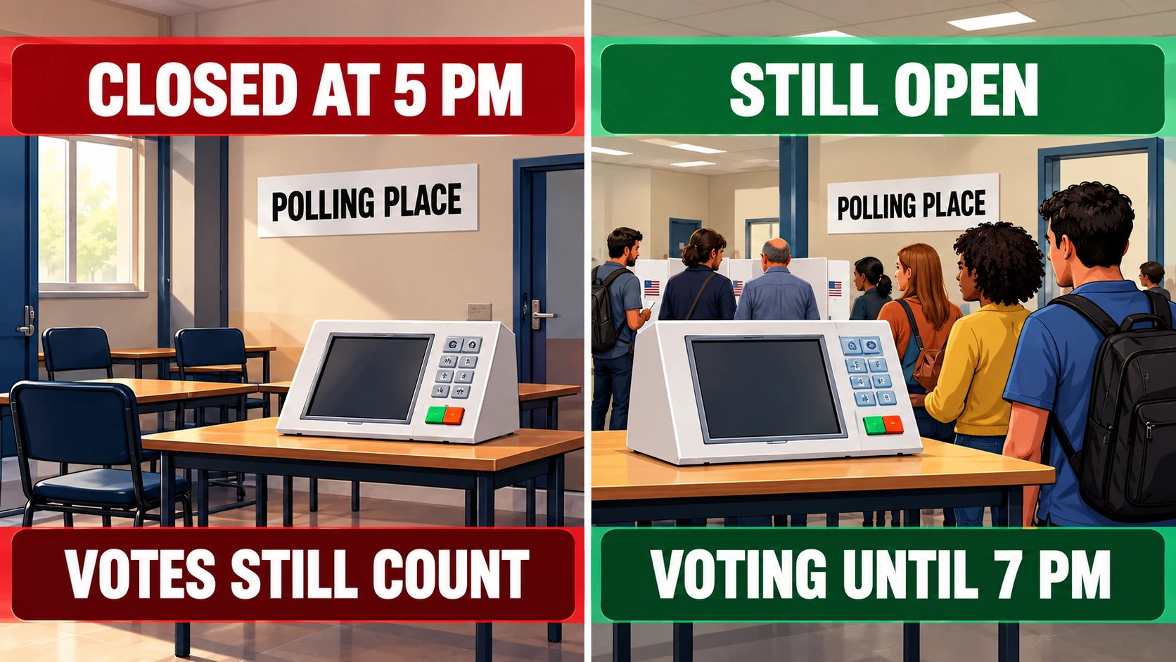 Side-by-side diagram showing Brazilian polling stations already closed at 5 p.m. retaining their votes while stations still open could continue voting until 7 p.m.