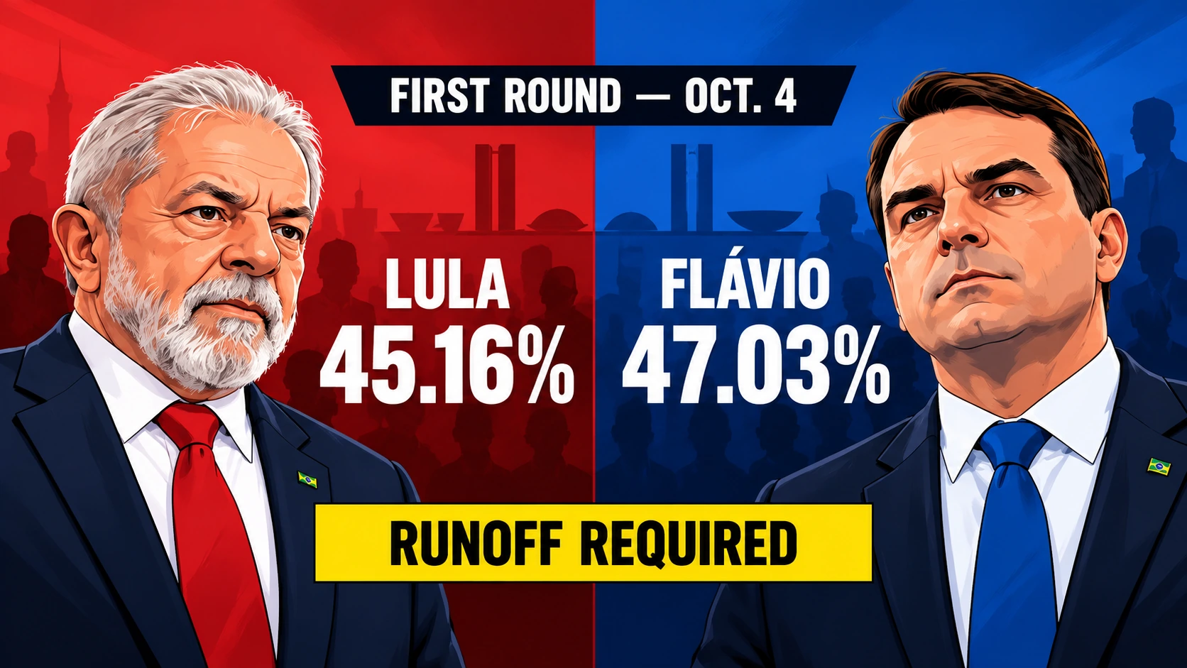 Comparison of Lula and Flávio Bolsonaro showing their respective 45.16% and 47.03% first-round shares of valid votes in Brazil's 2026 presidential election
