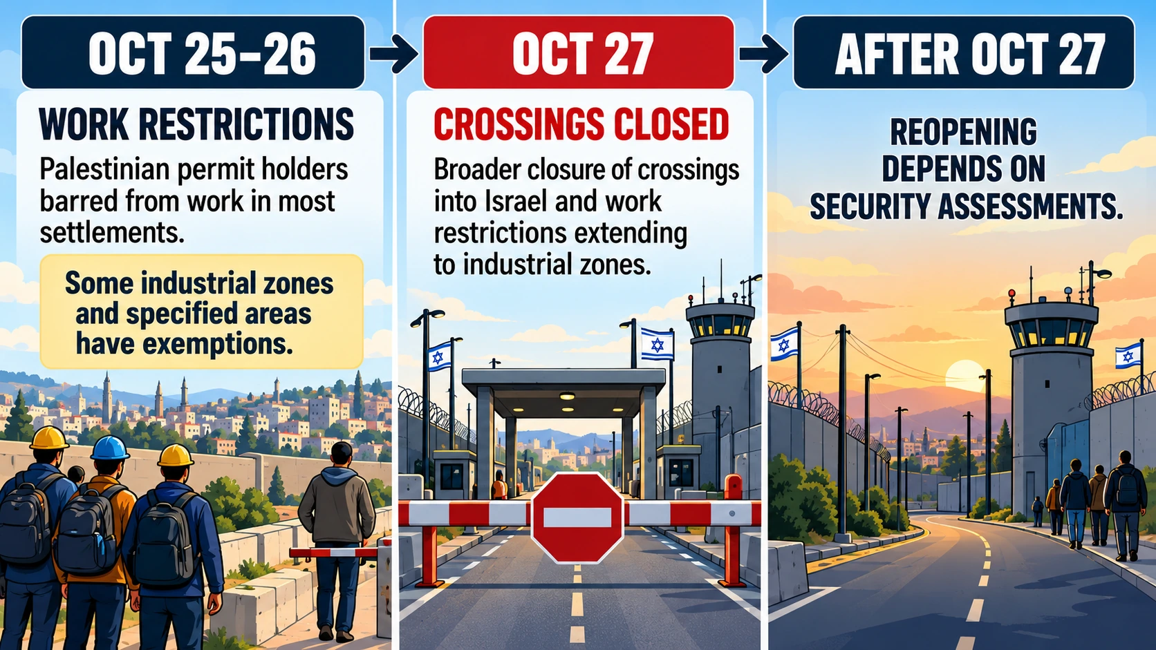 Timeline showing Palestinian worker restrictions on October 25 and 26 followed by the planned closure of West Bank land crossings on Israeli election day, October 27