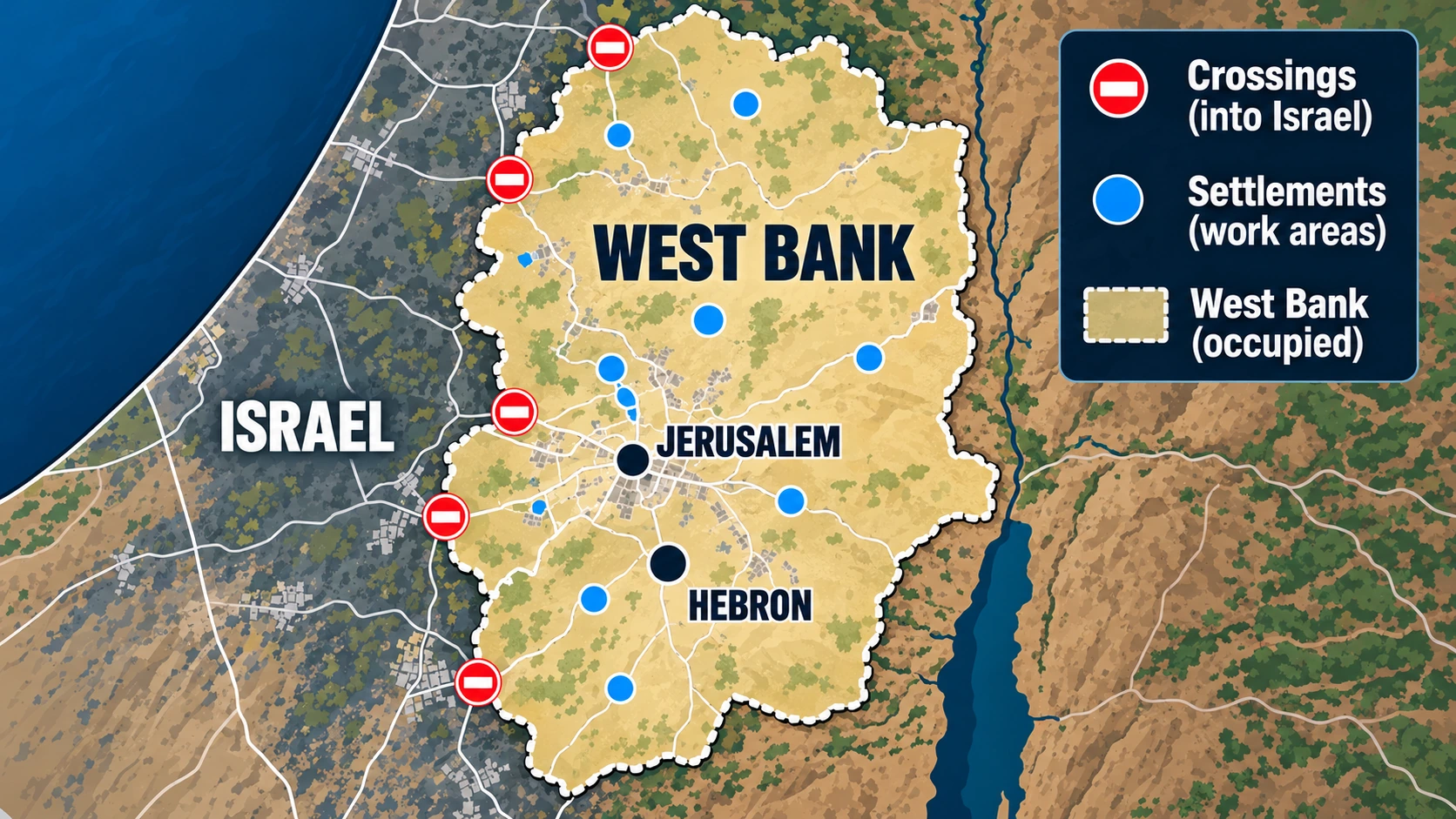 Simplified map of the West Bank showing Hebron, Jerusalem, Israeli settlements, and the distinction between internal roads and crossings into Israel