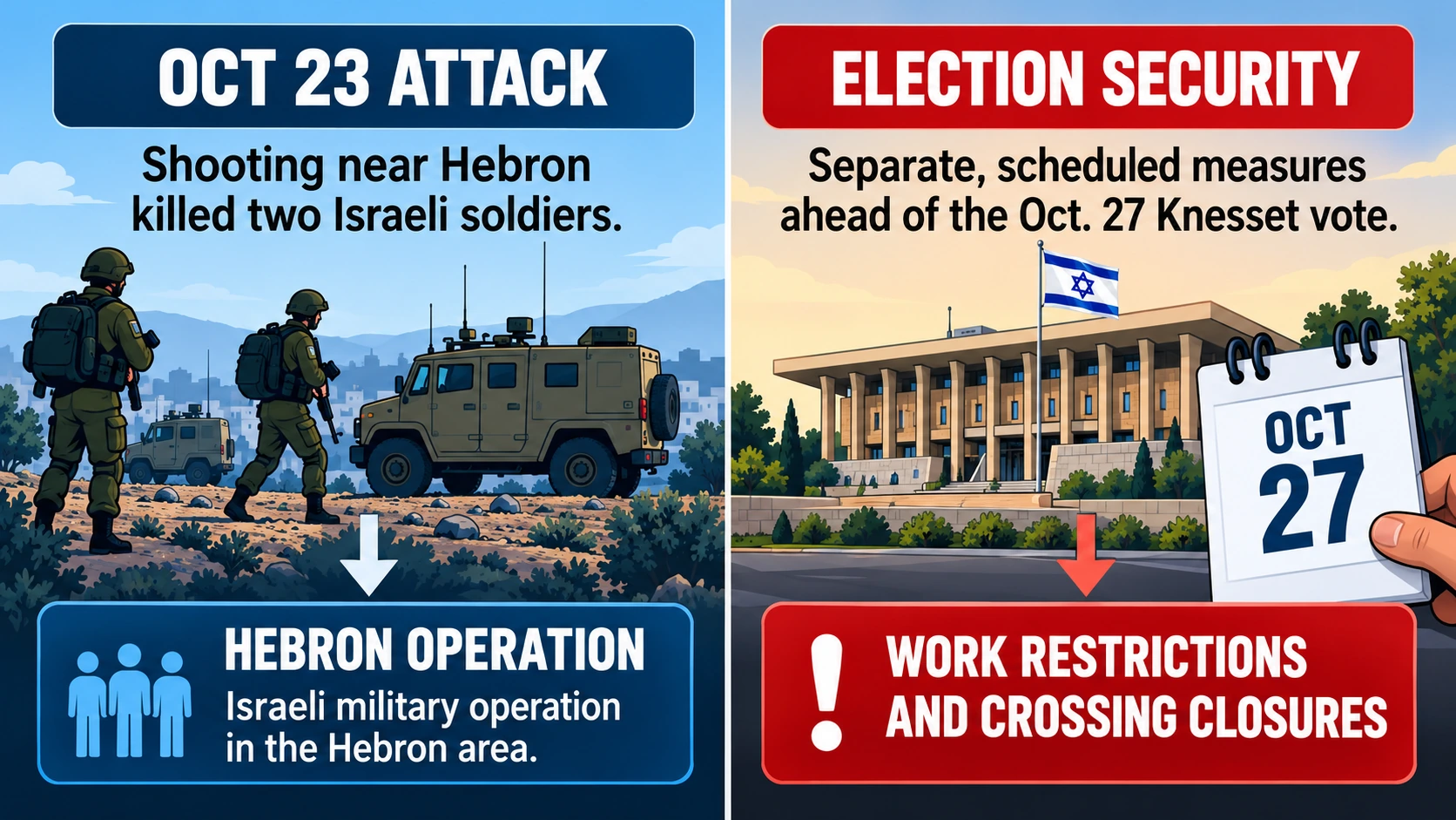 Flowchart linking the October 23 Hebron checkpoint attack to the Israeli military operation and subsequent election security restrictions announced before October 27