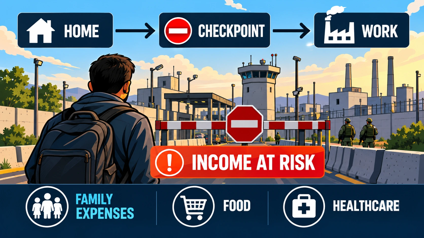 Editorial infographic showing how a checkpoint closure can interrupt a Palestinian worker's commute and affect household income and access to essential services
