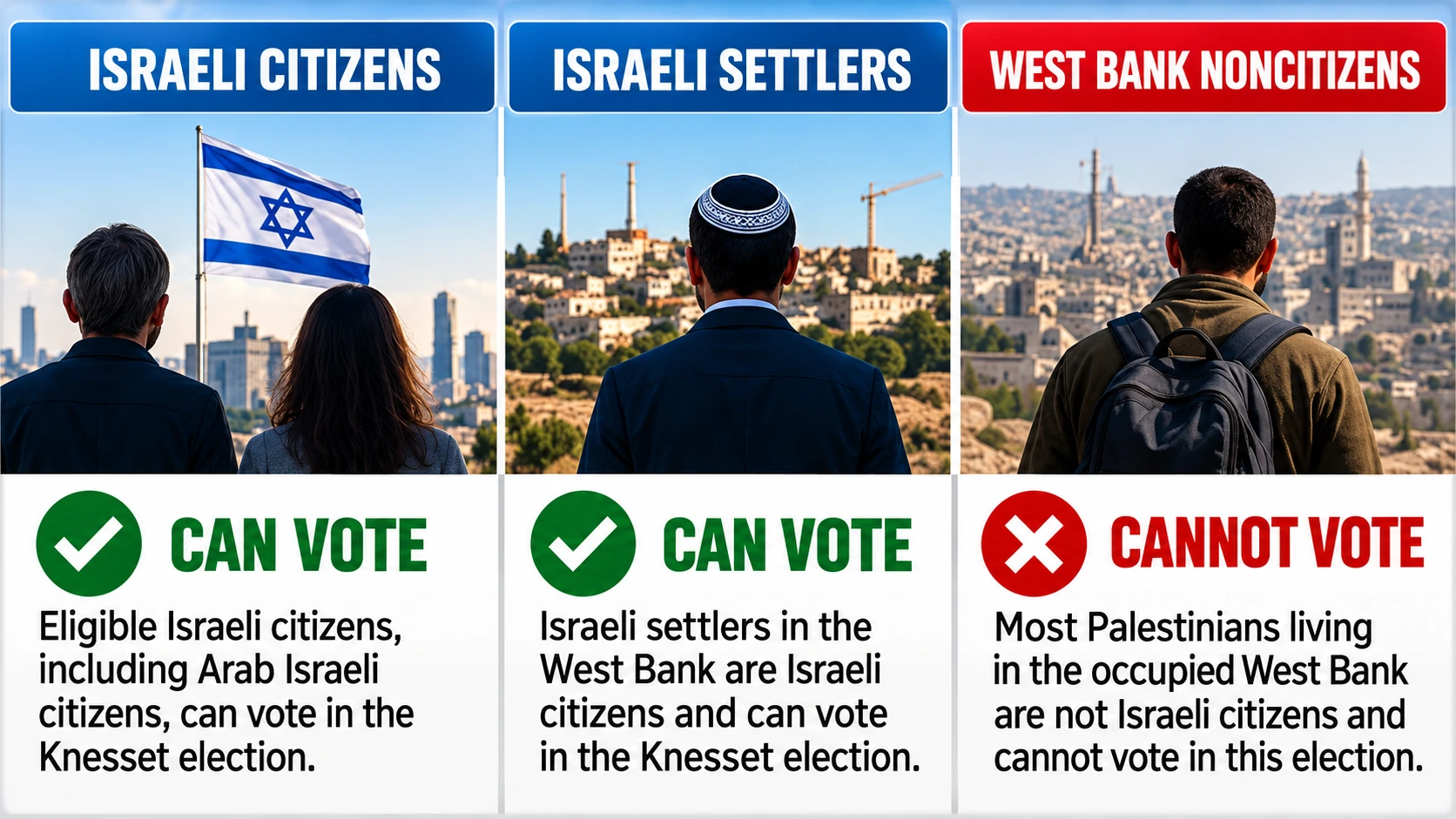 Comparison infographic explaining voting eligibility for Israeli citizens living in Israel, Israeli citizens living in West Bank settlements, and Palestinian noncitizen residents of the West Bank
