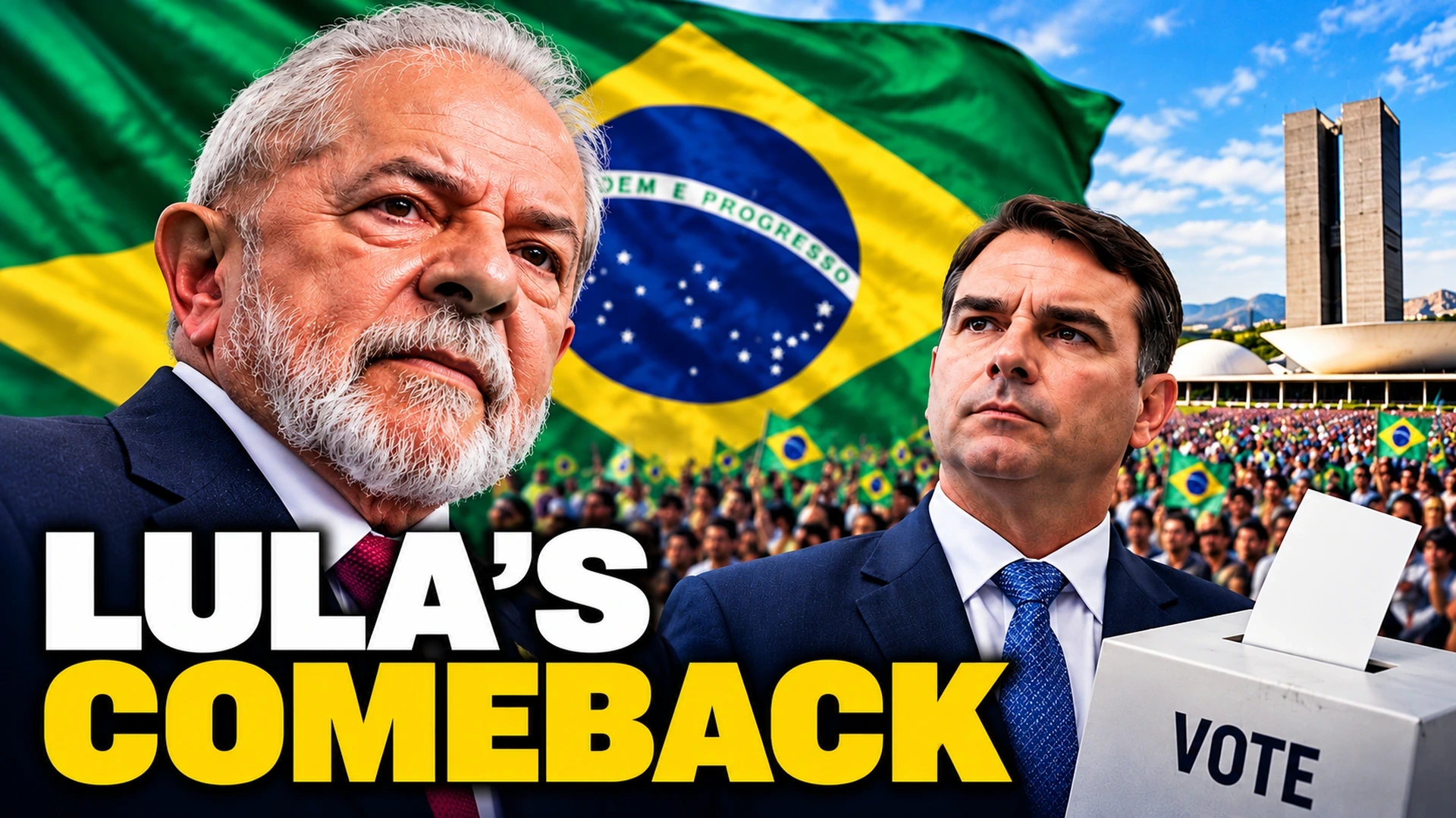 Editorial illustration of Luiz Inácio Lula da Silva against a Brazilian flag with election result graphics and Flávio Bolsonaro in the background