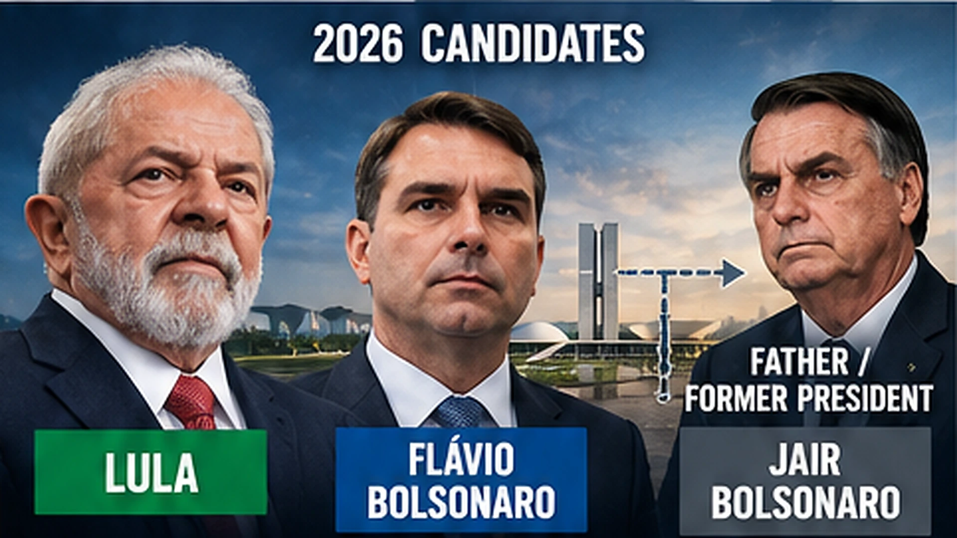 Political relationship diagram identifying Lula, his 2026 opponent Flávio Bolsonaro, and Flávio’s father Jair Bolsonaro