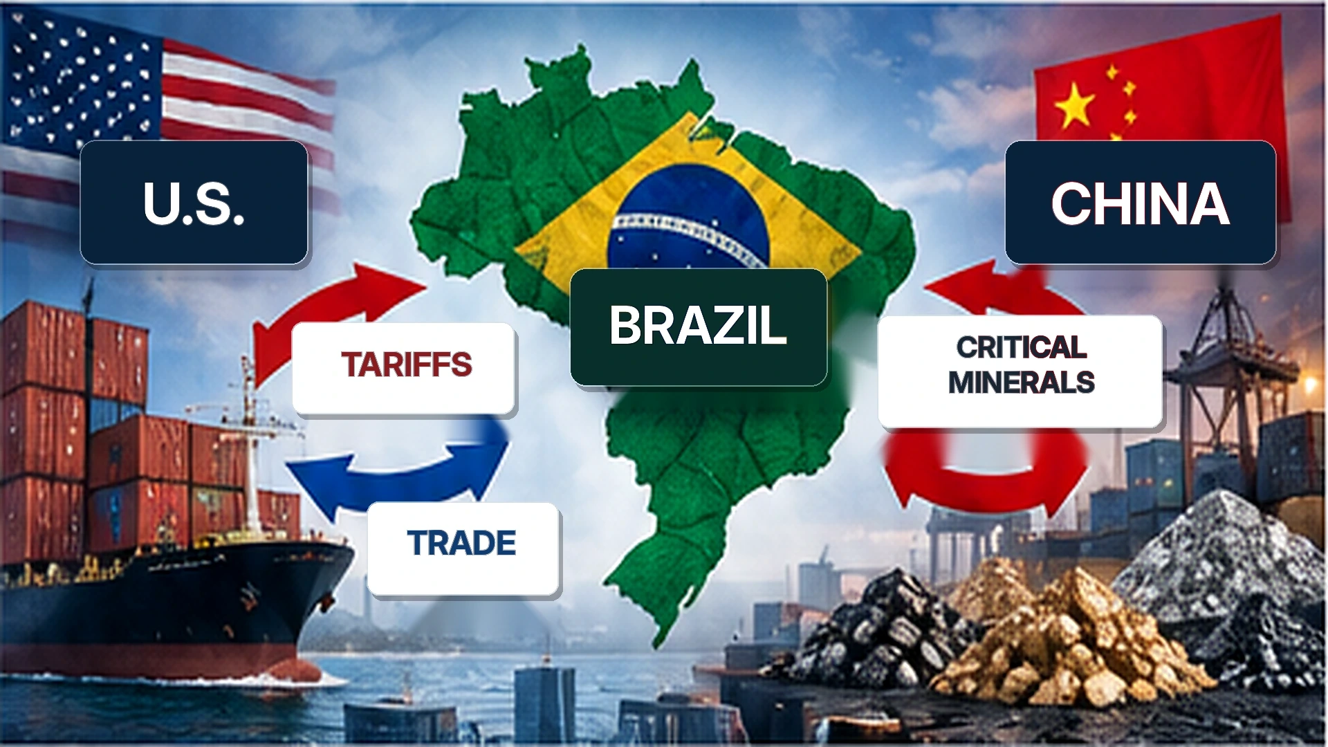 Diagram of U.S.–Brazil relations showing trade tariffs, critical minerals, and Brazil’s relationship with China