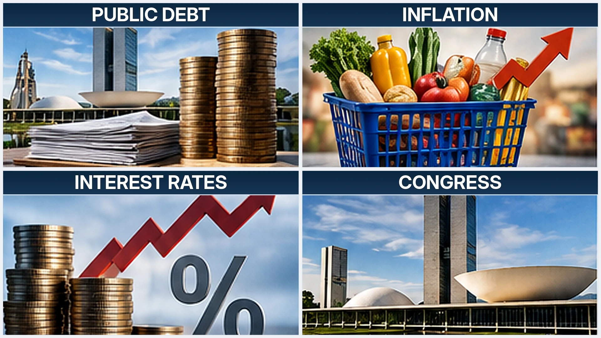 Infographic depicting Brazil’s economic challenges after Lula’s 2026 reelection, including public debt, inflation, interest rates, and Congress