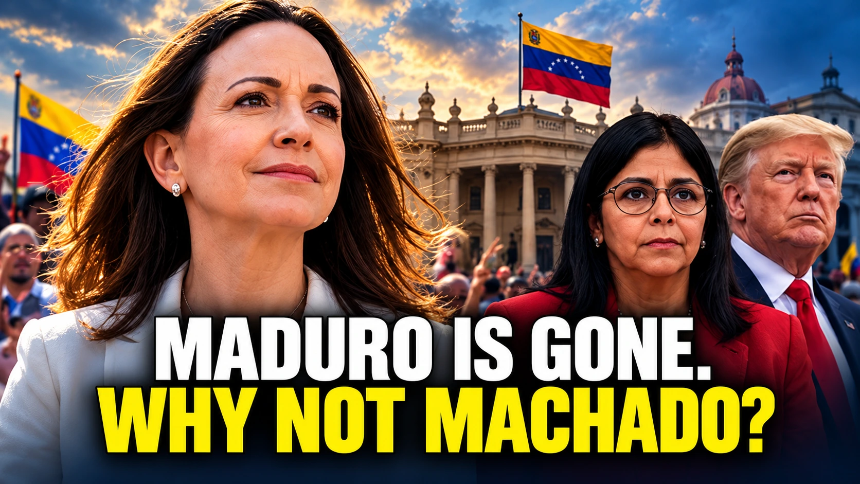 Editorial illustration of María Corina Machado returning to Venezuela while acting President Delcy Rodríguez remains in power, with Donald Trump and the Venezuelan flag in the background