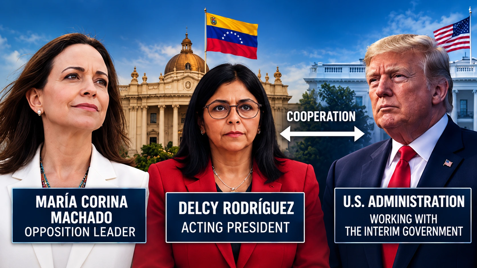 Political relationship diagram showing María Corina Machado as Venezuela's opposition leader, Delcy Rodríguez as acting president, and Donald Trump as the U.S. president working with the interim government