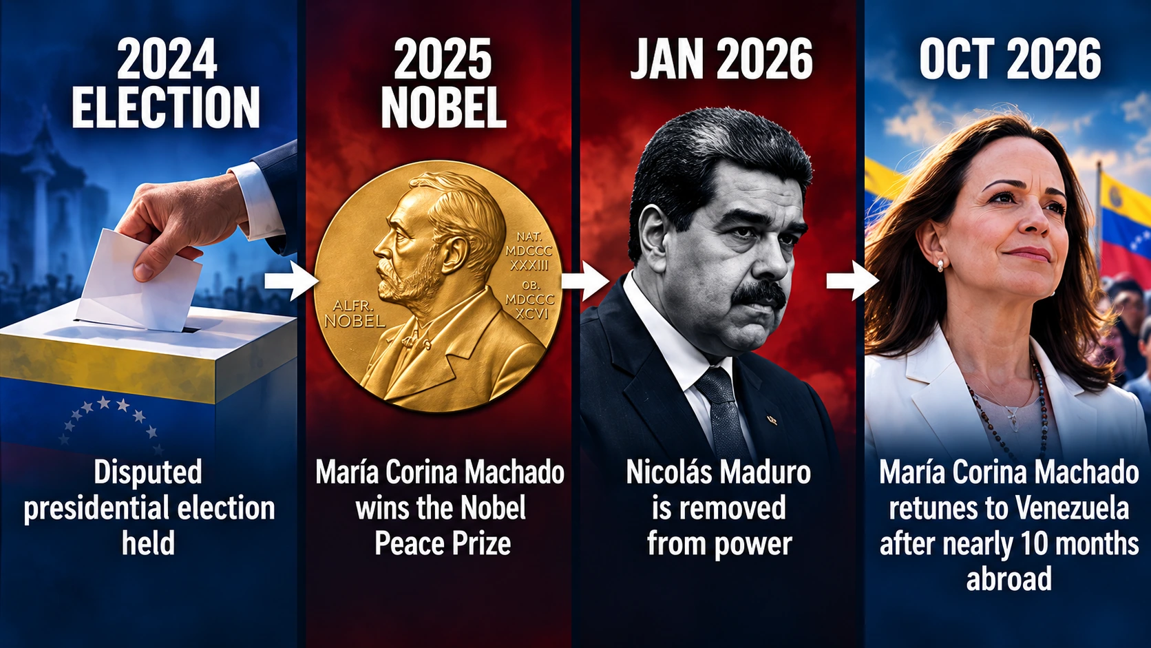 Timeline of Venezuela's political crisis from the disputed 2024 presidential election and Machado's 2025 Nobel Peace Prize to Maduro's removal and Machado's October 2026 return