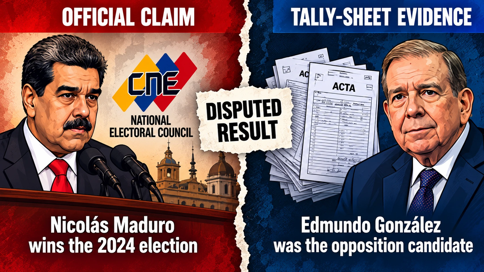 Infographic comparing the Venezuelan electoral authority's disputed 2024 presidential result with opposition polling-station tally sheets indicating a González victory