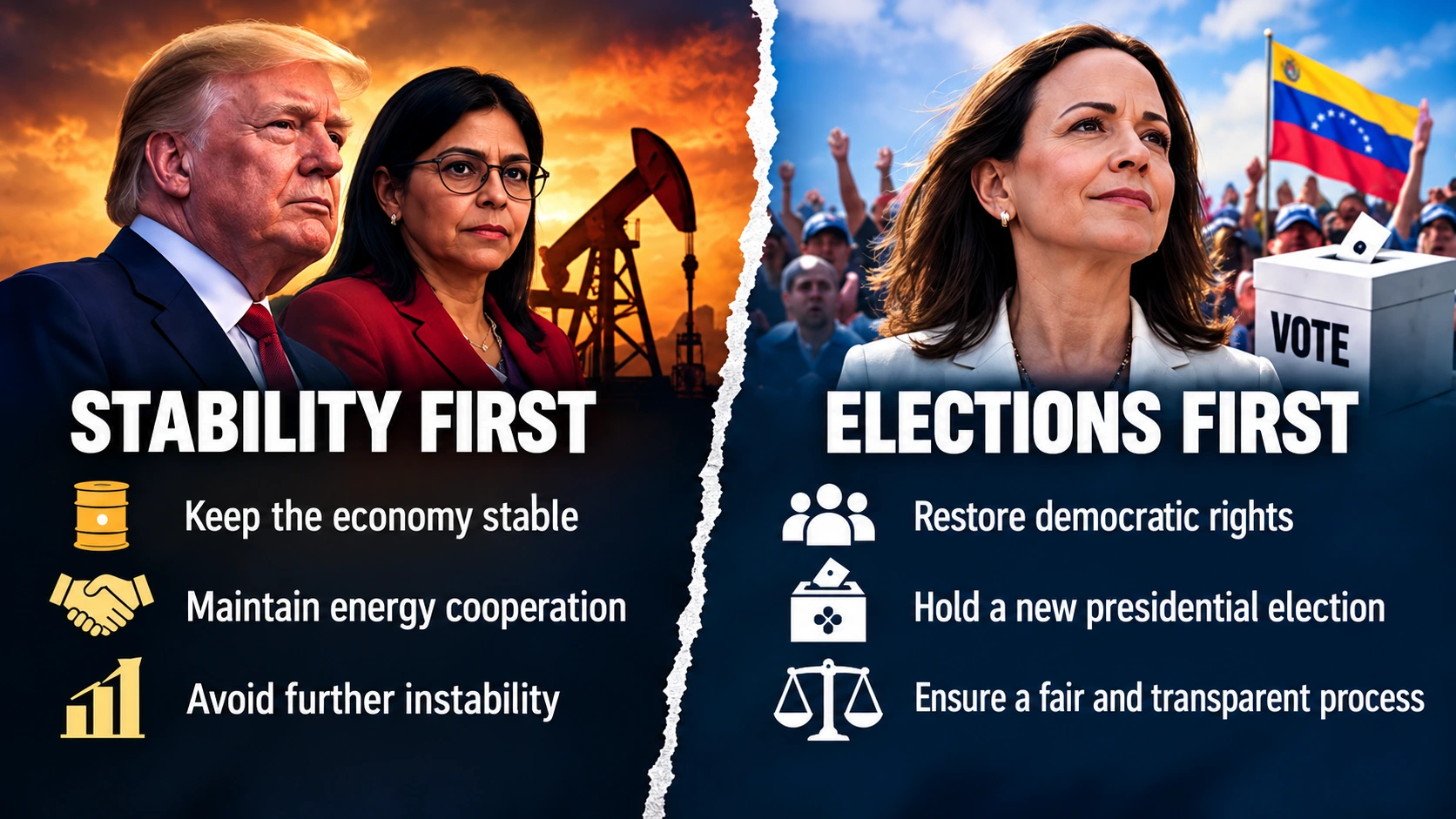 Comparison infographic showing the Trump administration's emphasis on stability and economic recovery alongside María Corina Machado's demand for free elections and democratic legitimacy