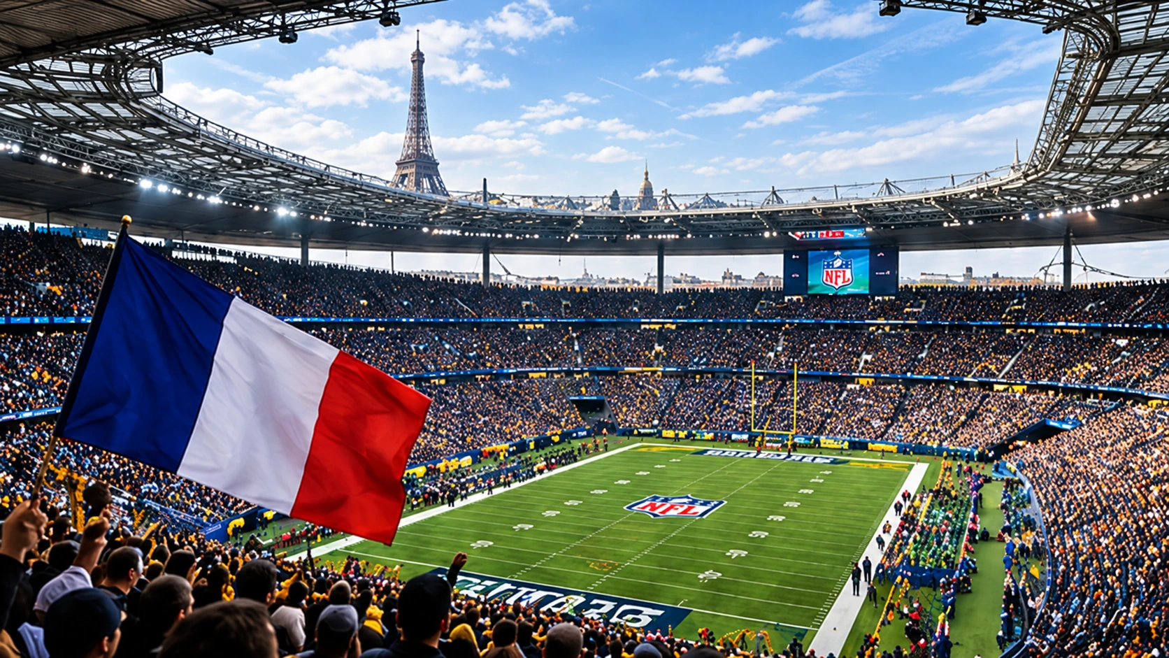 Sports infographic showing the Pittsburgh Steelers' 16–10 victory over the New Orleans Saints in Paris and the announced attendance of 78,488