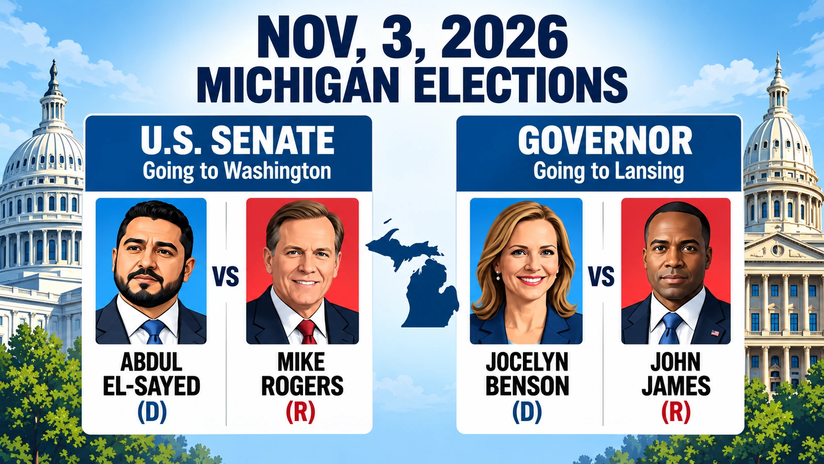 Diagram distinguishing Michigan's open U.S. Senate race from its open governor's race in the November 2026 election