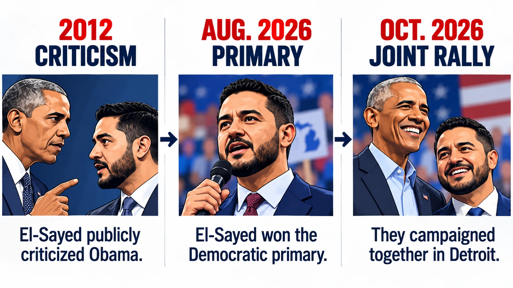 Timeline showing El-Sayed's criticism of Obama in 2012, Michigan's Democratic primary in August 2026, and their Detroit rally in October