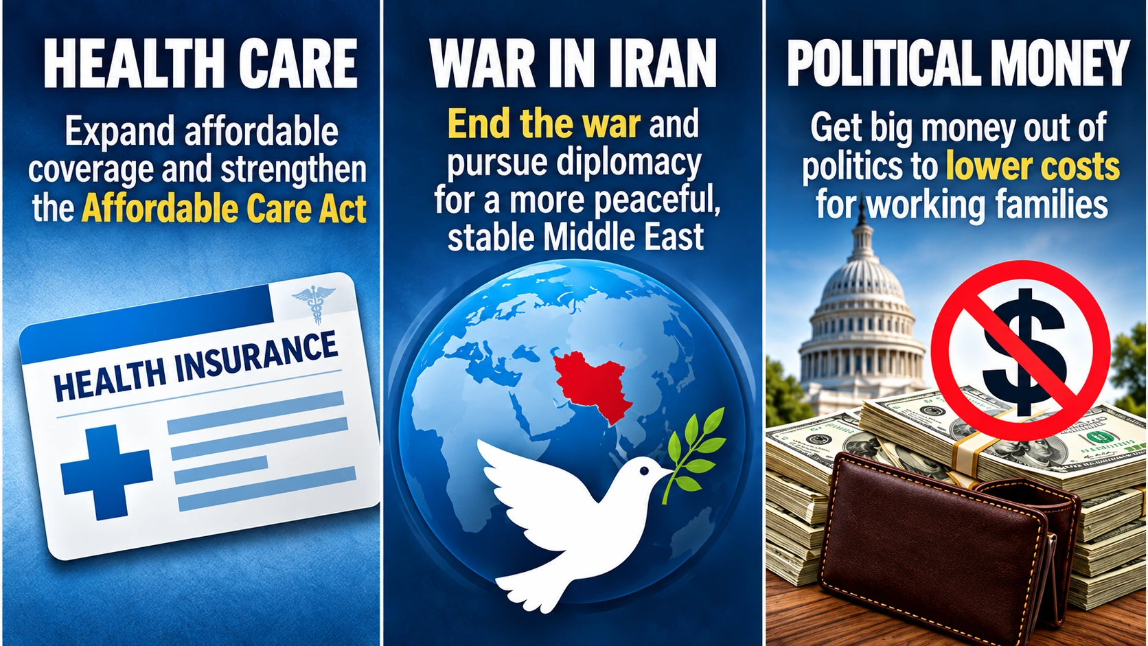 Three-part infographic explaining the issues Obama emphasized in Detroit: health care, the Iran war, and money in politics