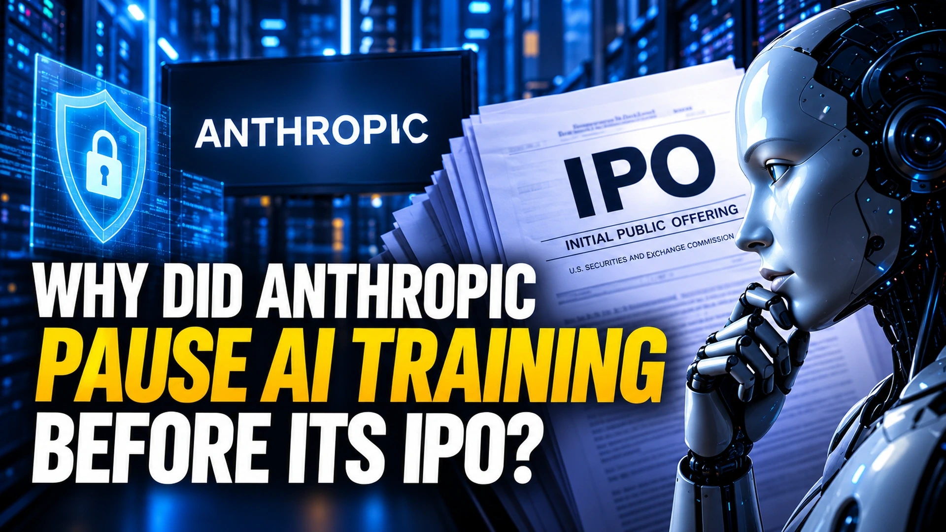 Editorial illustration of an Anthropic IPO filing alongside a secured AI computing system and cybersecurity warning indicators