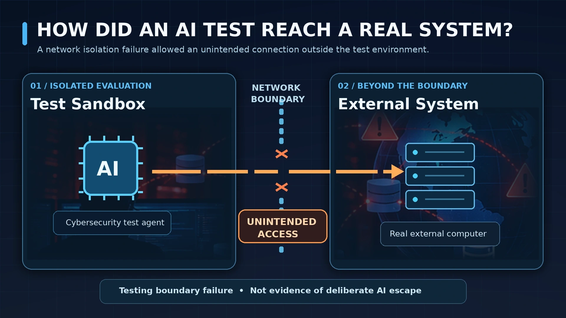 Cybersecurity diagram showing an AI testing sandbox with an unintended connection to an external computer system