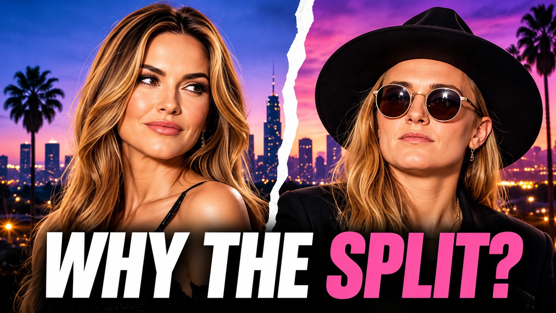 Editorial illustration of Chrishell Stause and G Flip standing apart against a softly divided Hollywood backdrop