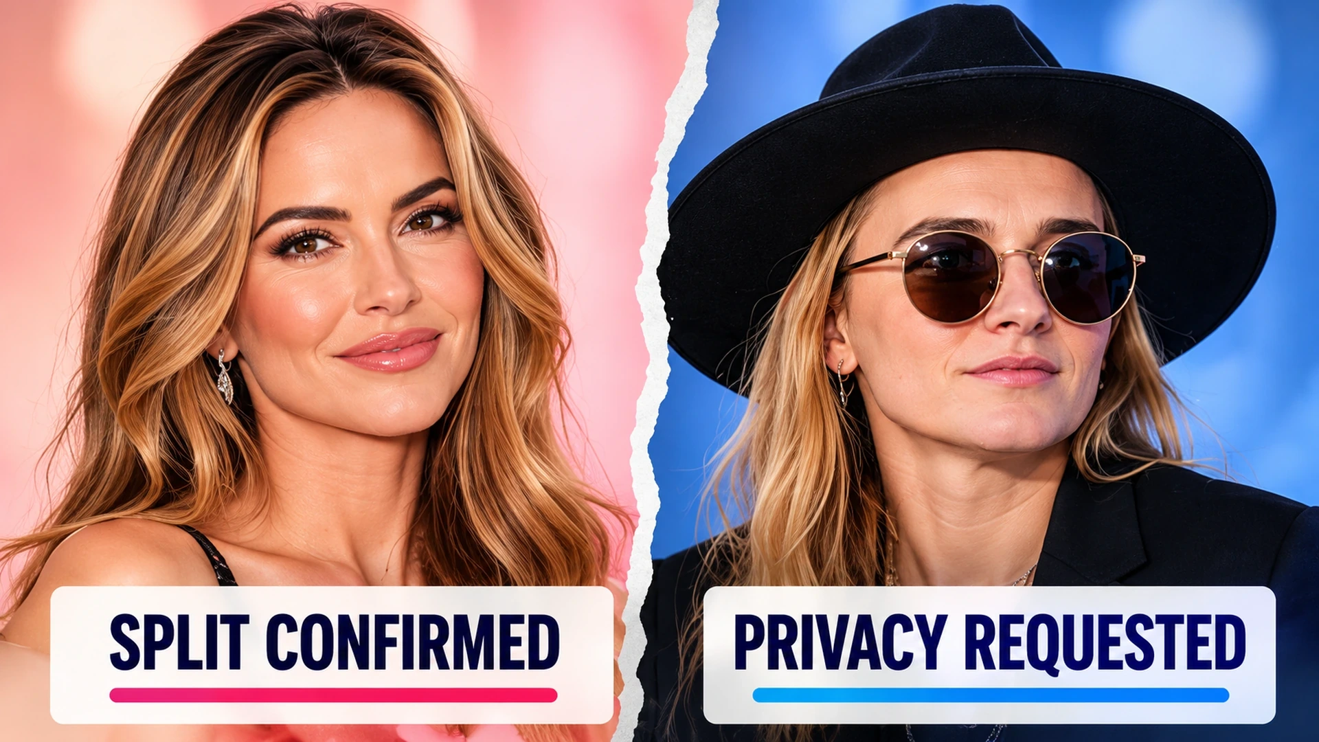 Two-panel illustration distinguishing Chrishell Stause's breakup announcement from G Flip's statement requesting privacy