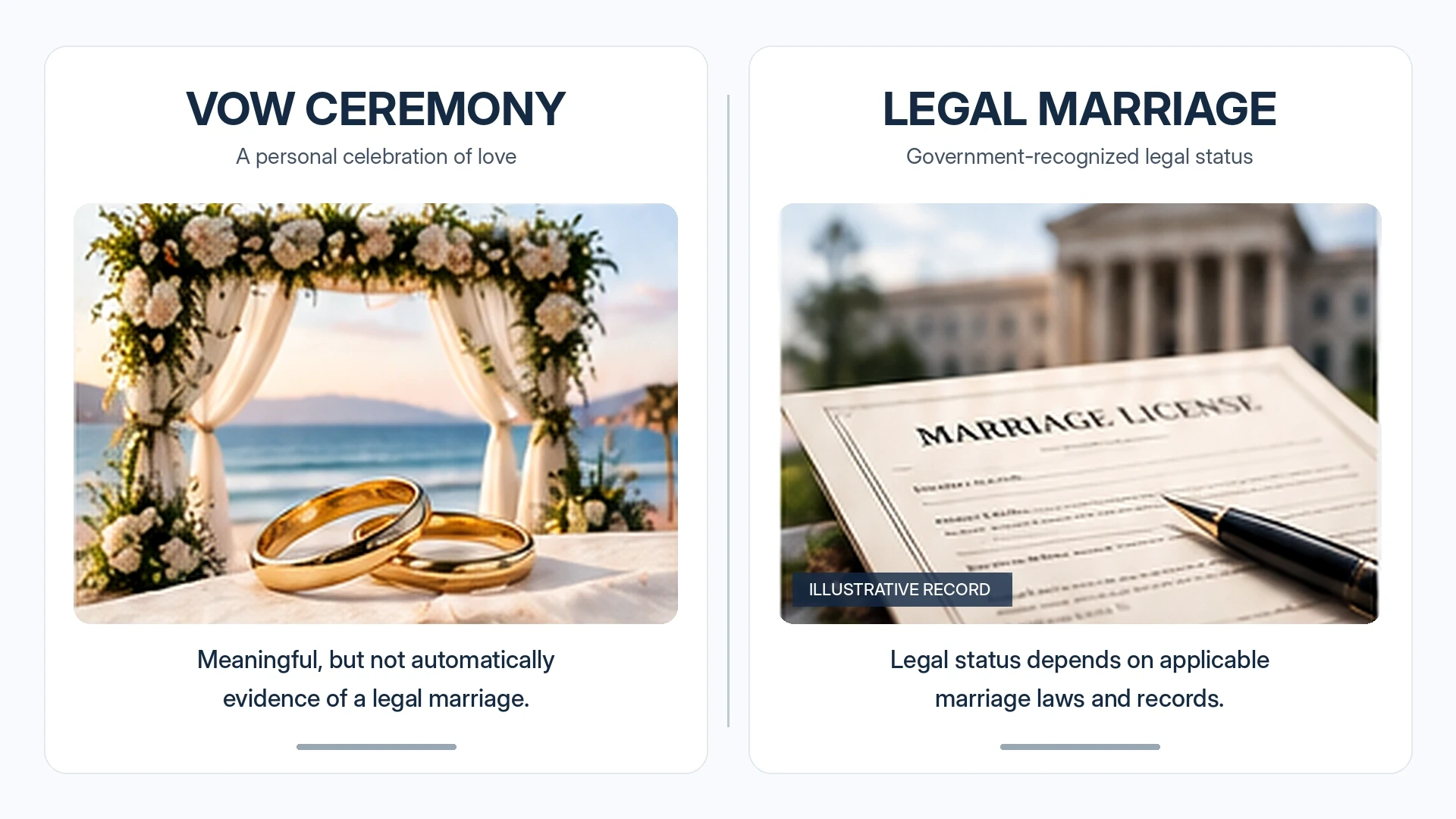 Diagram explaining the difference between a personal wedding or vow ceremony and a legally recognized marriage