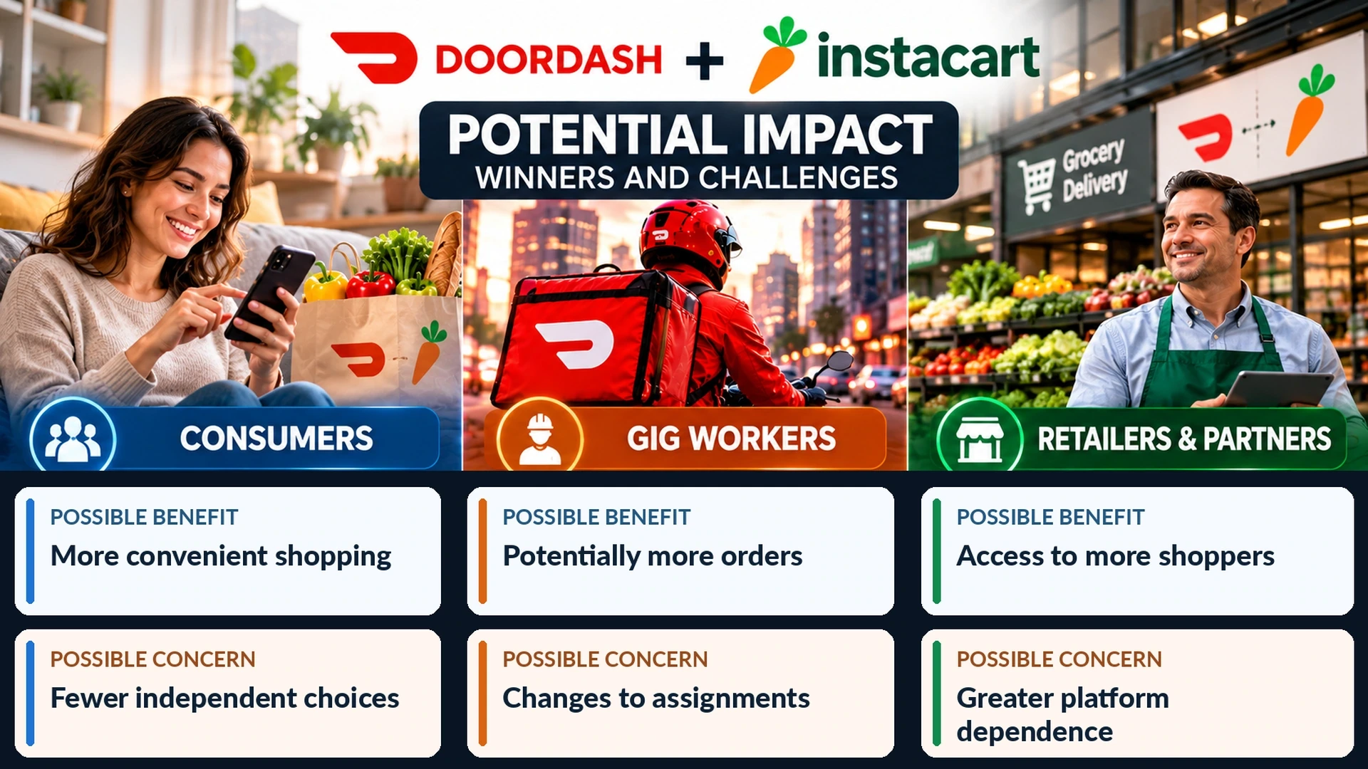 Three-part infographic illustrating potential effects of a DoorDash-Instacart merger on customers, grocery retailers, and delivery workers