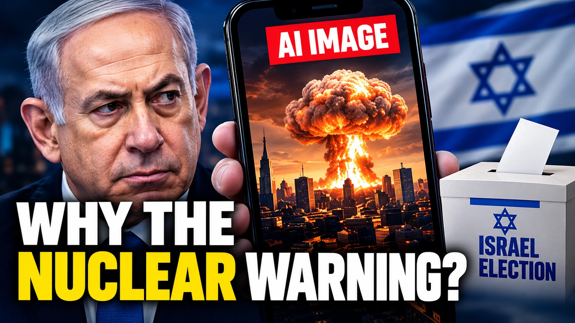Editorial illustration of Benjamin Netanyahu, an Israeli election ballot, and a clearly labeled AI nuclear blast image on a phone