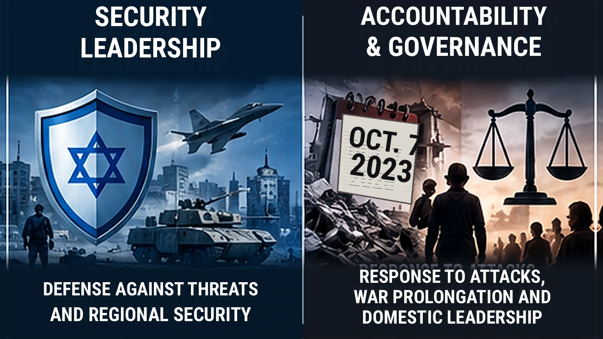 Balanced comparison of the security case for Netanyahu and the domestic accountability questions raised by his opponents
