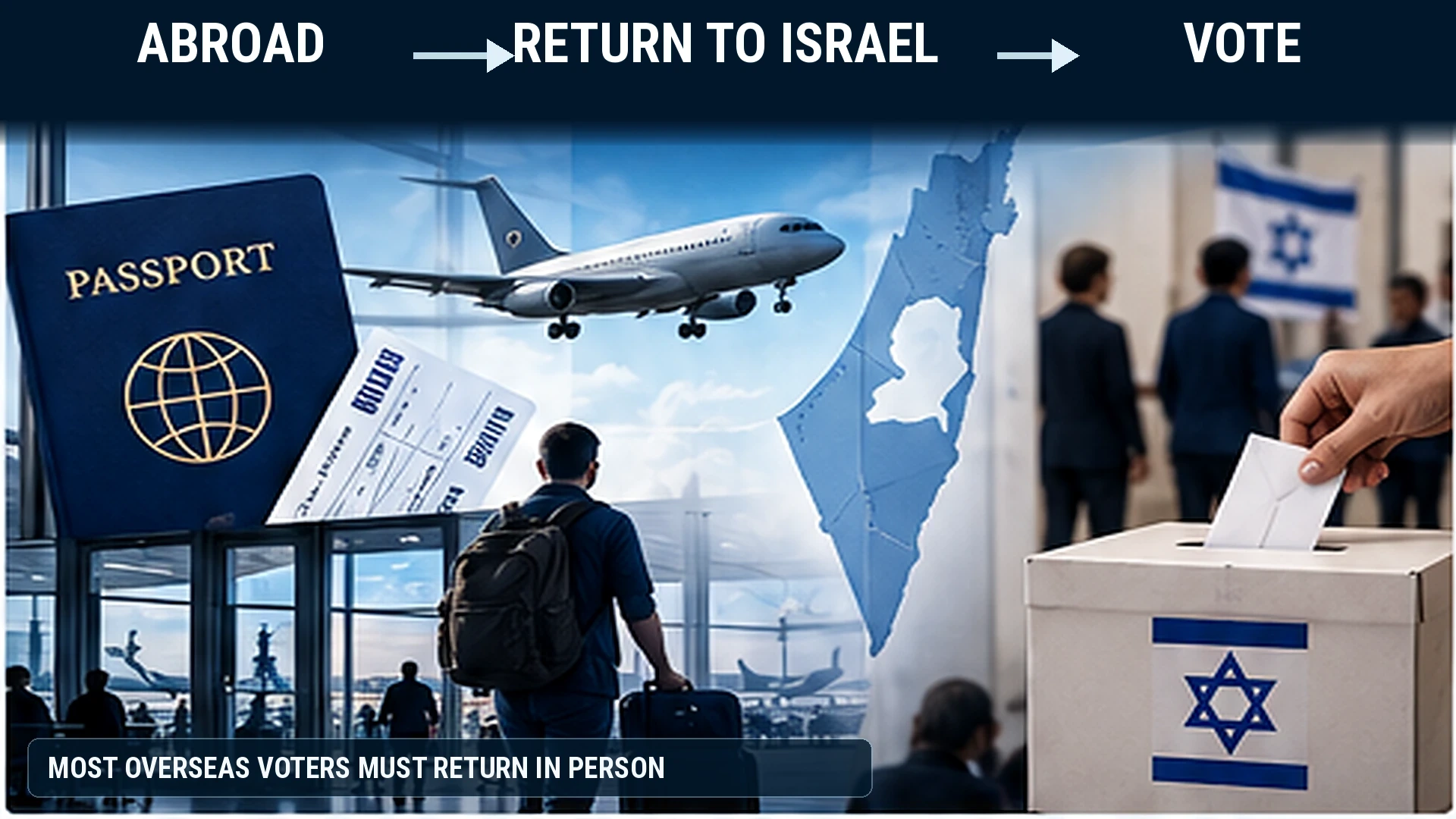 Explainer showing an eligible Israeli voter traveling from overseas to Israel to cast a parliamentary election ballot