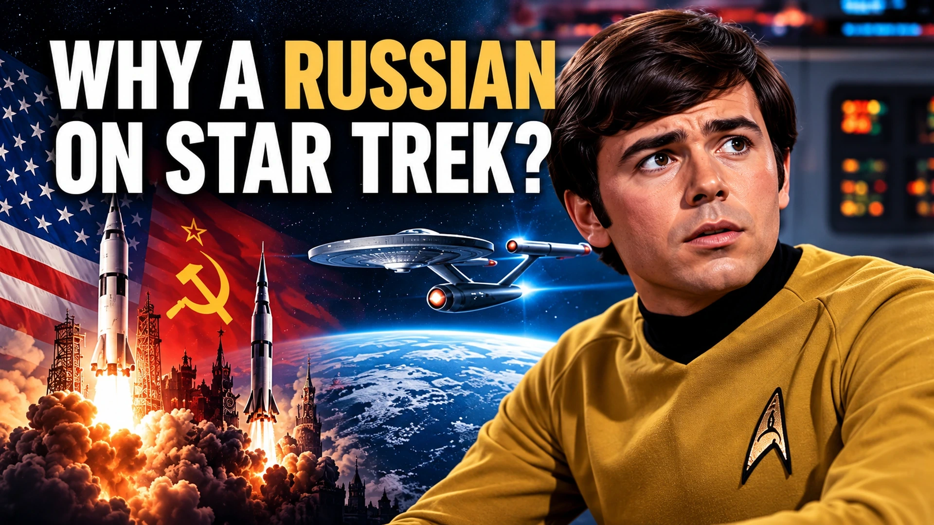 Editorial illustration of Walter Koenig as Pavel Chekov aboard the Star Trek Enterprise, contrasted with Cold War imagery of the United States and Soviet Union