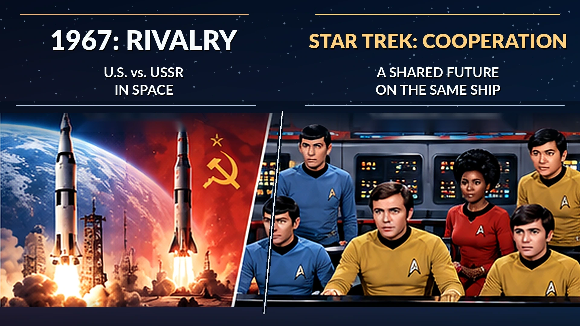 Split-screen editorial illustration contrasting the United States and Soviet Union during the Cold War with a cooperative multinational crew aboard the Star Trek Enterprise