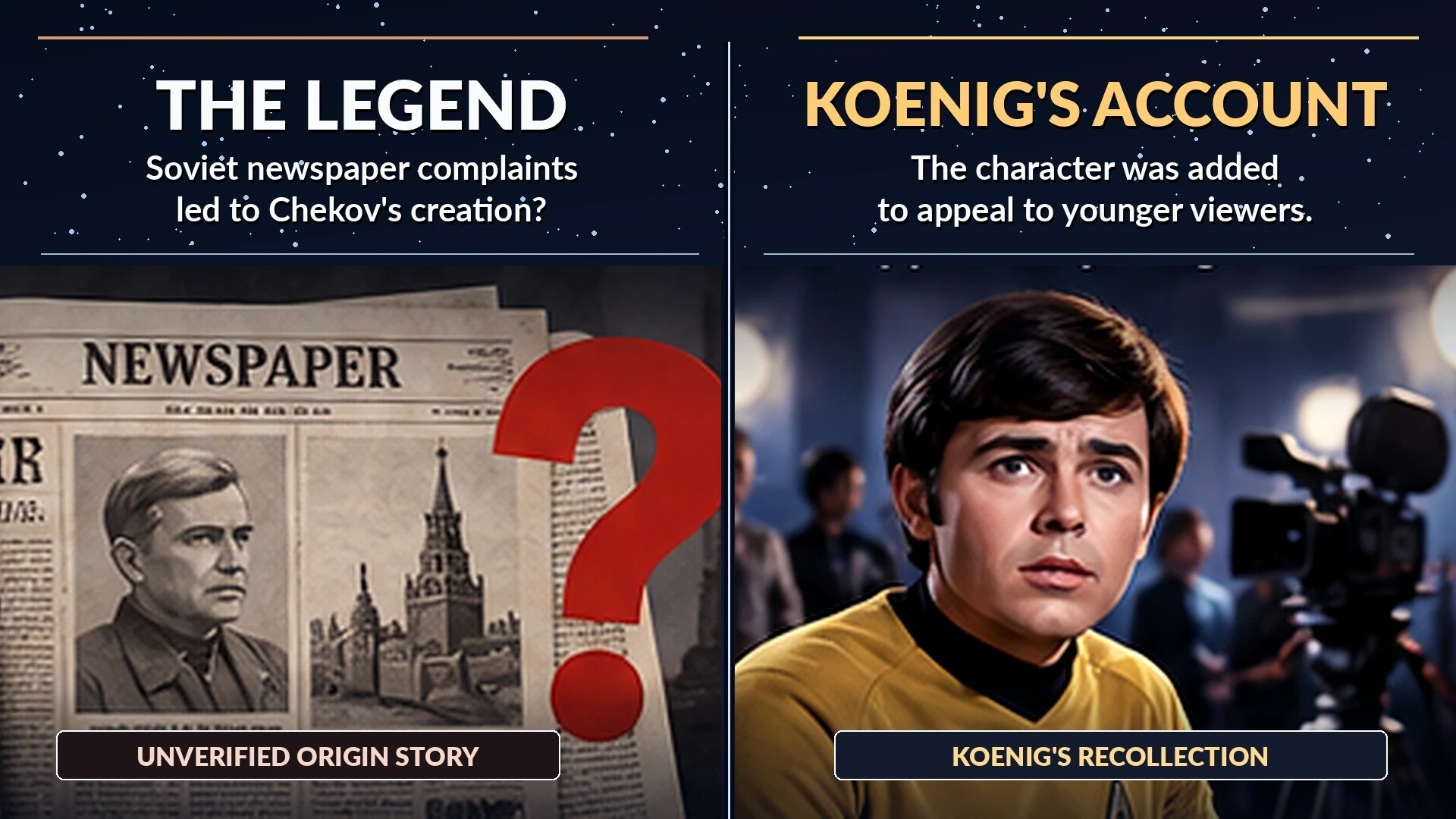 Infographic comparing the disputed Pravda newspaper story with Walter Koenig's explanation that Chekov was created to appeal to younger viewers