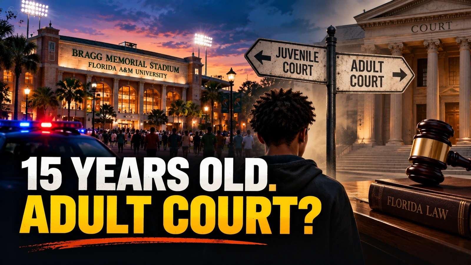 Editorial illustration of a Florida college football stadium at dusk alongside a symbolic juvenile justice and adult court comparison