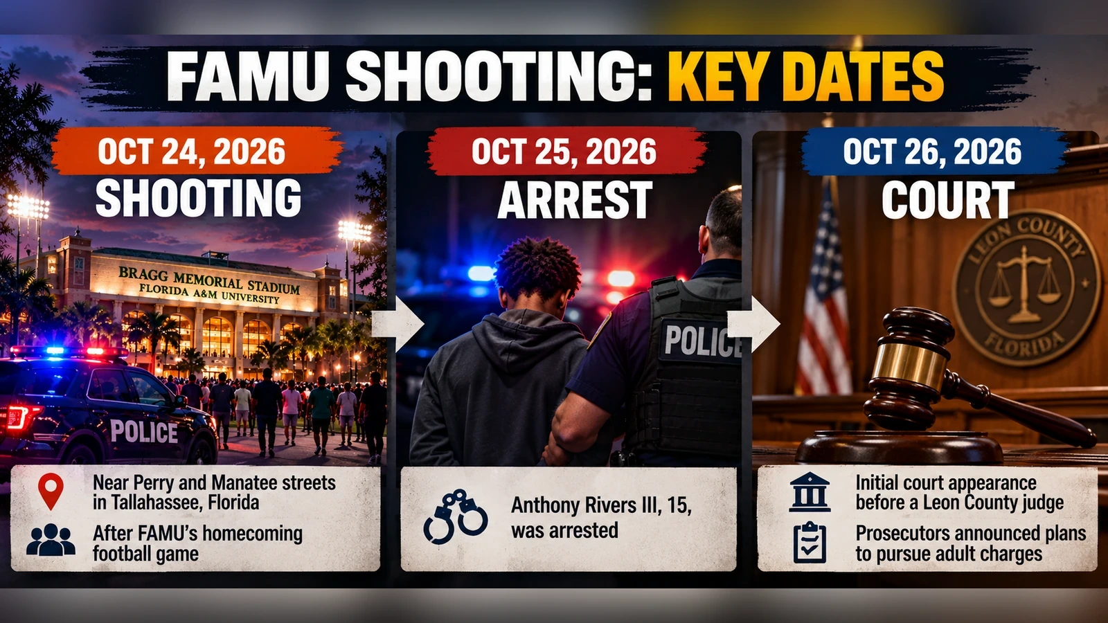 "Timeline of the October 24 FAMU-area shooting, October 25 arrest, and October 26 court hearing"