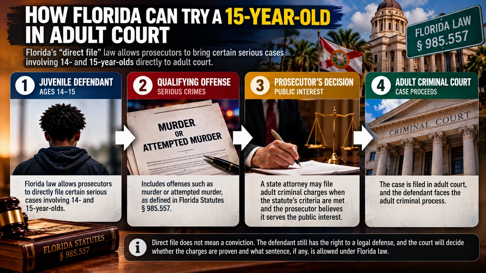 "Decision diagram explaining Florida's direct-file process for certain serious offenses involving 14- and 15-year-old defendants"