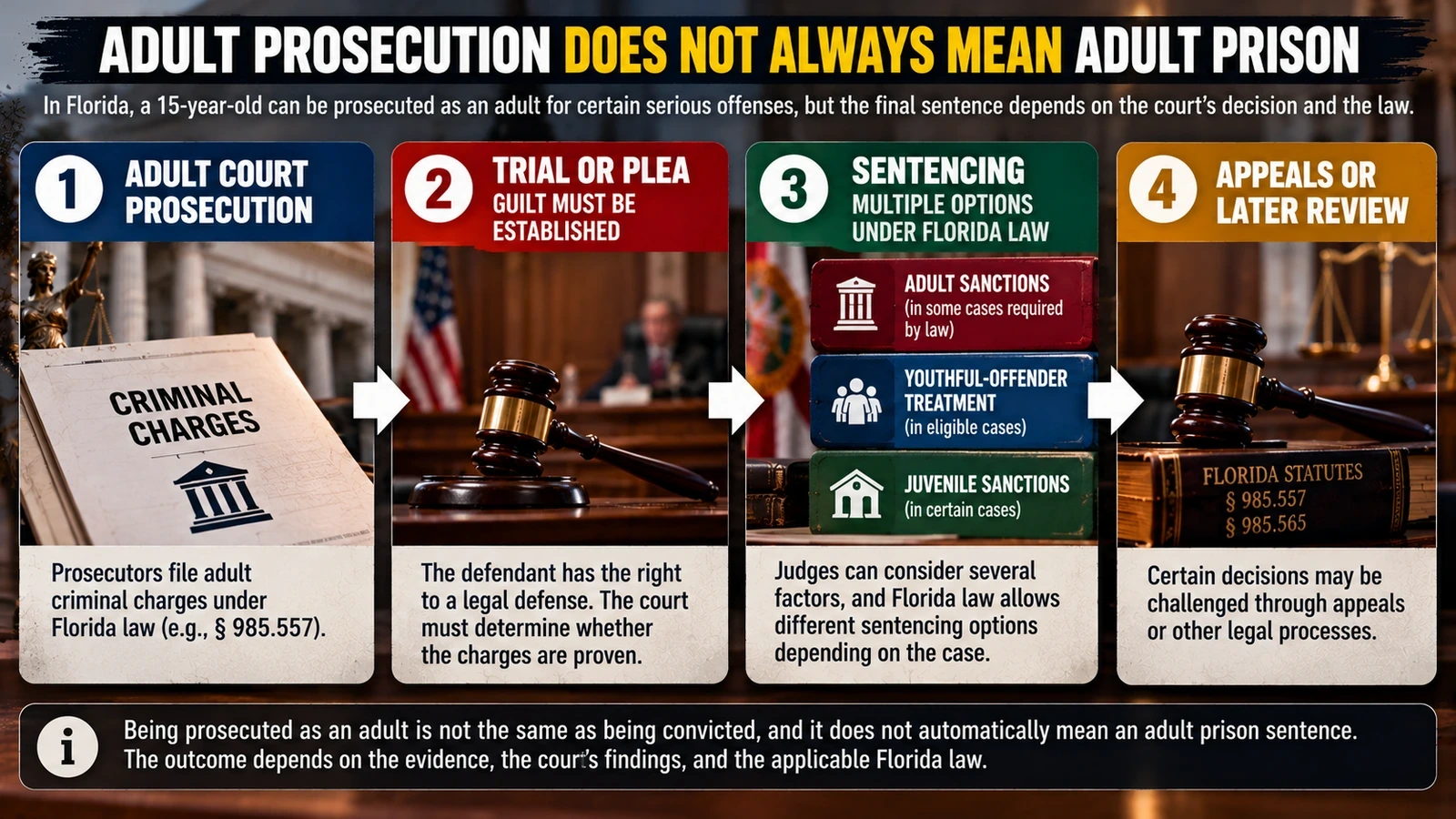 "Flowchart distinguishing adult criminal prosecution from possible sentencing outcomes under Florida juvenile justice law"