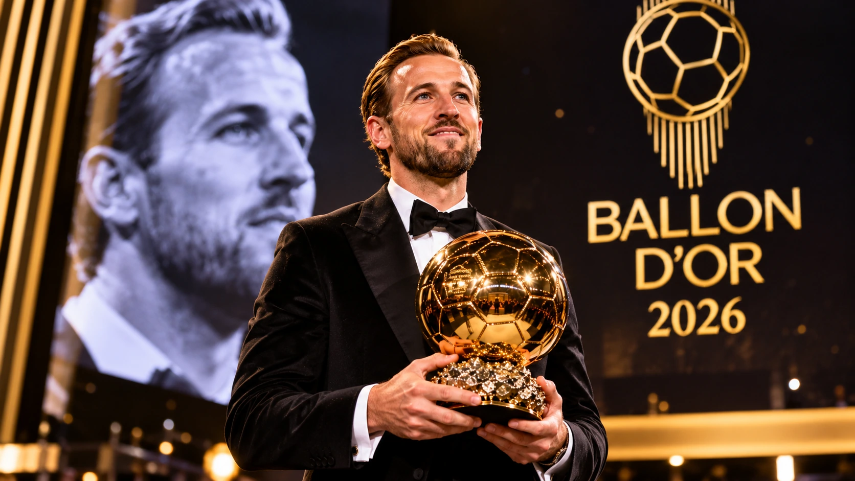 Sports graphic showing Harry Kane first, Kylian Mbappe second, and Lamine Yamal third in the 2026 Ballon d'Or rankings