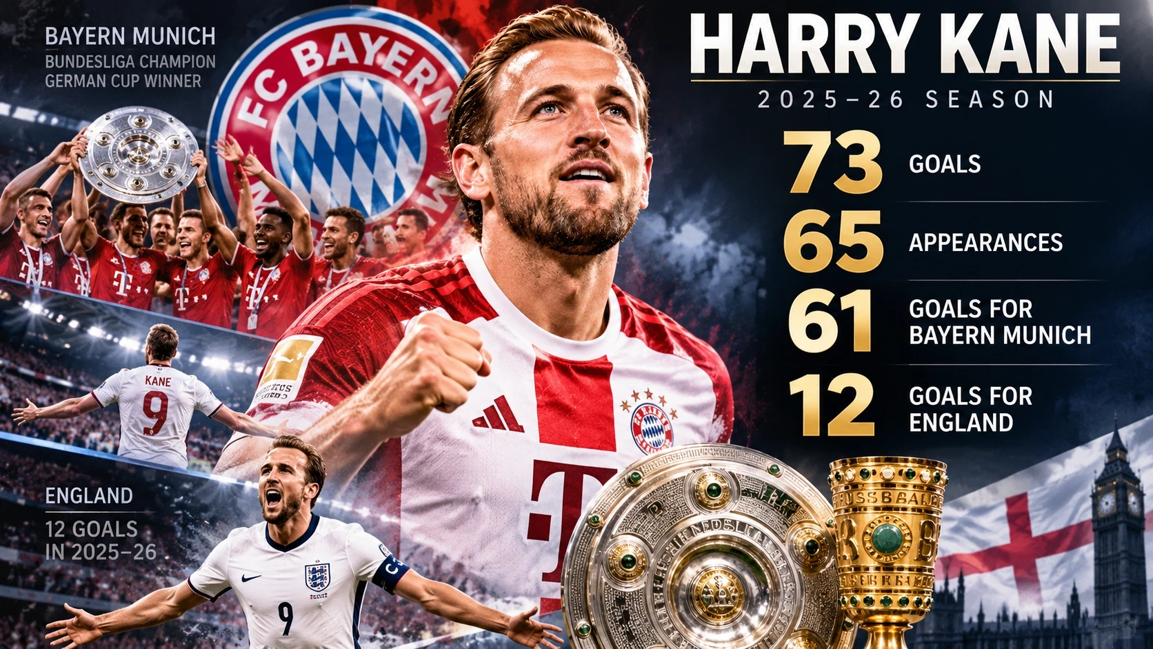 Infographic breaking down Harry Kane's 73 goals in 65 appearances for Bayern Munich and England during the 2025–26 award period